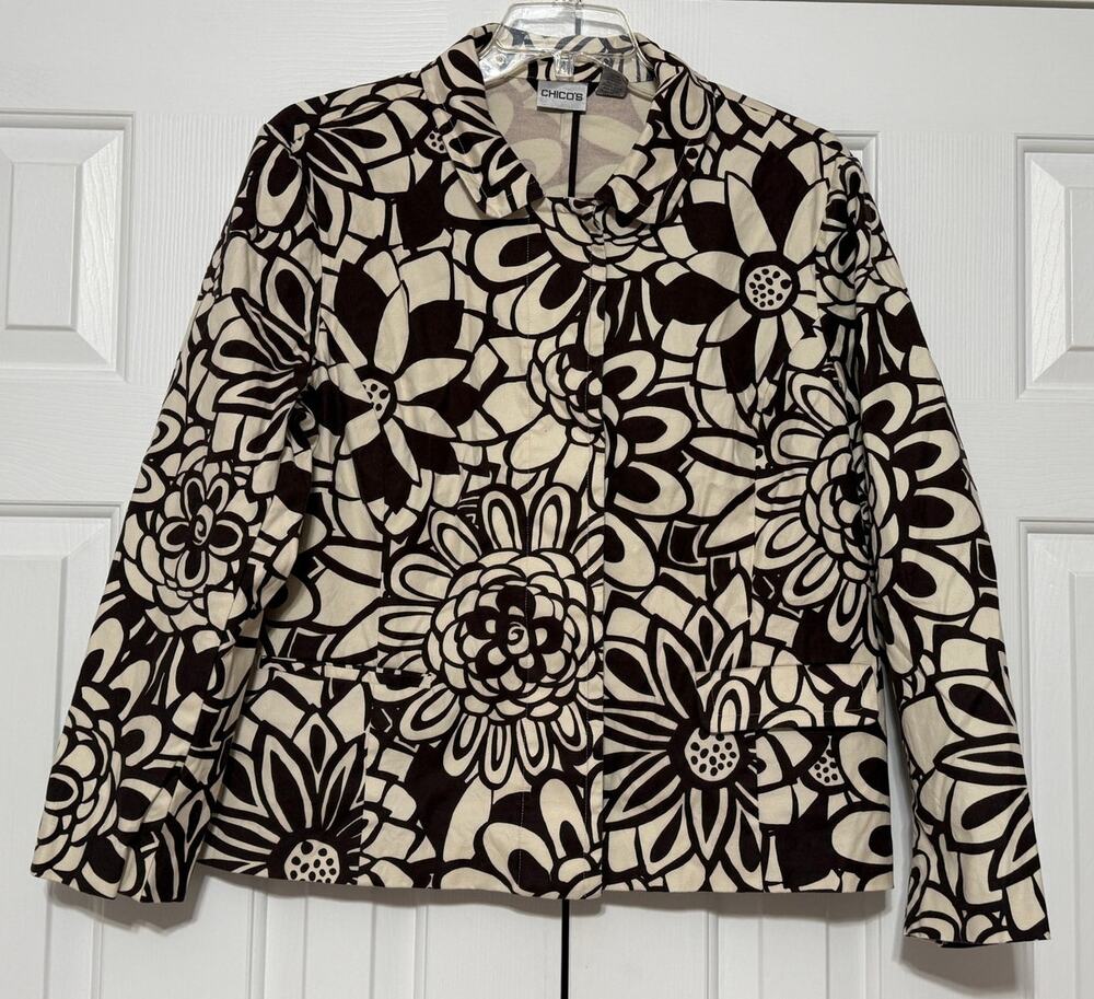Y2K Chico's Ivory and Brown Floral Jacket/Blazer, Size 3